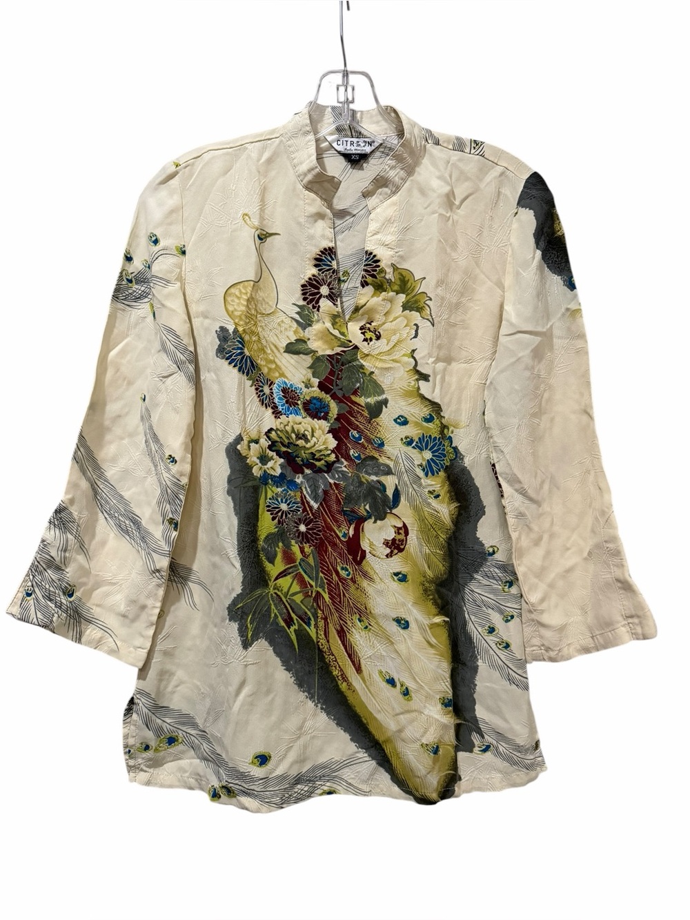 Citron Women's XS 100% Silk Peacock Floral Vintage Button Down Shirt made USA B8